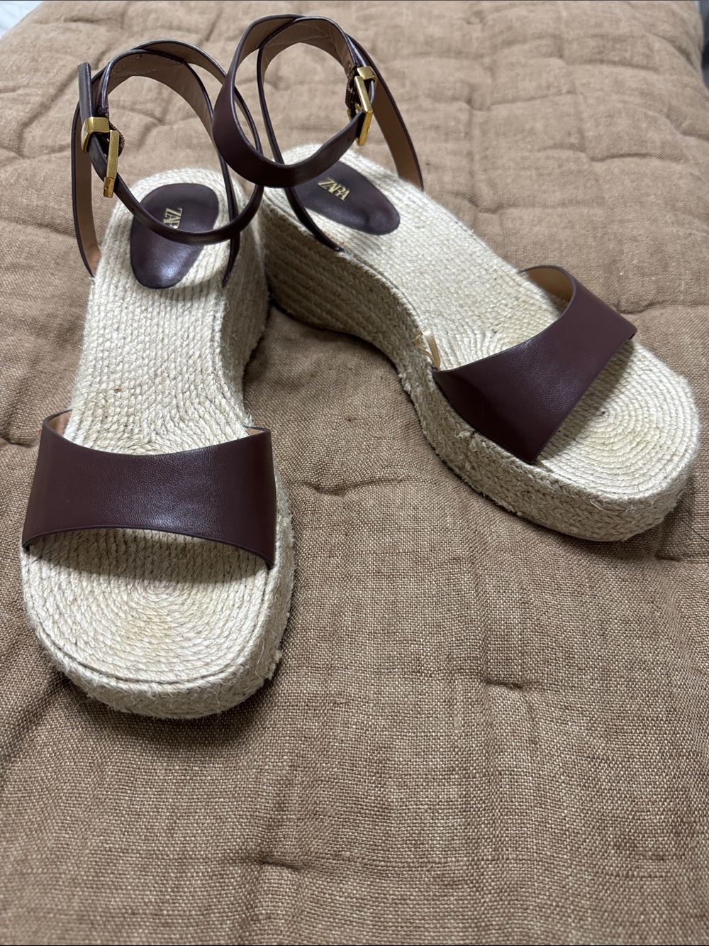 ZARA Dark Brown Strappy Espadrille platform Sandals sz 39 (fits like US 8.5)